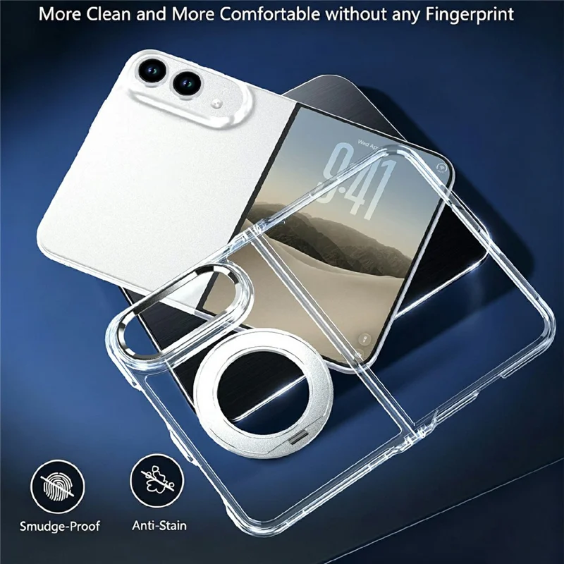 For iPhone Duo Magnetic Case 360-Degree Rotating Kickstand Clear PC Foldable Phone Cover - White