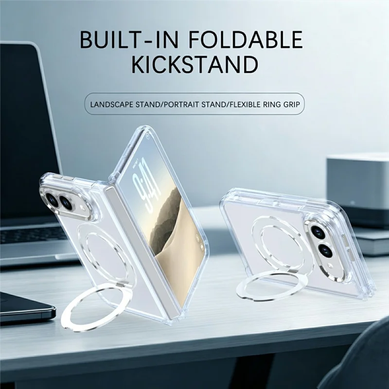 For iPhone Duo Magnetic Case 360-Degree Rotating Kickstand Clear PC Foldable Phone Cover - White