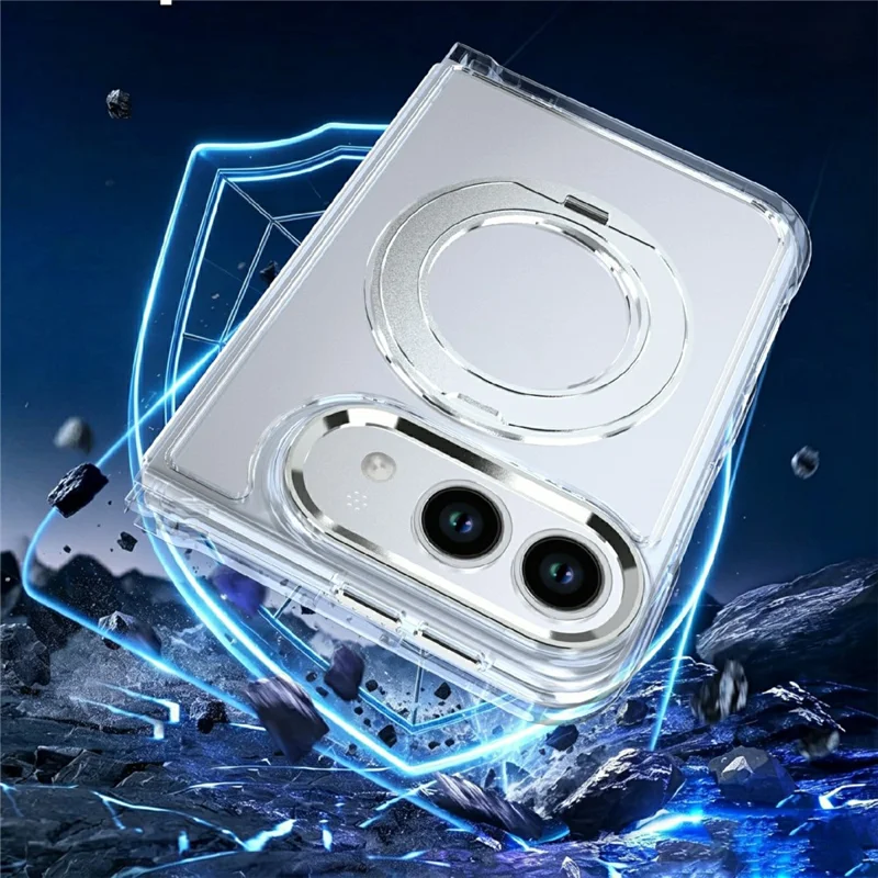 For iPhone Duo Magnetic Case 360-Degree Rotating Kickstand Clear PC Foldable Phone Cover - White