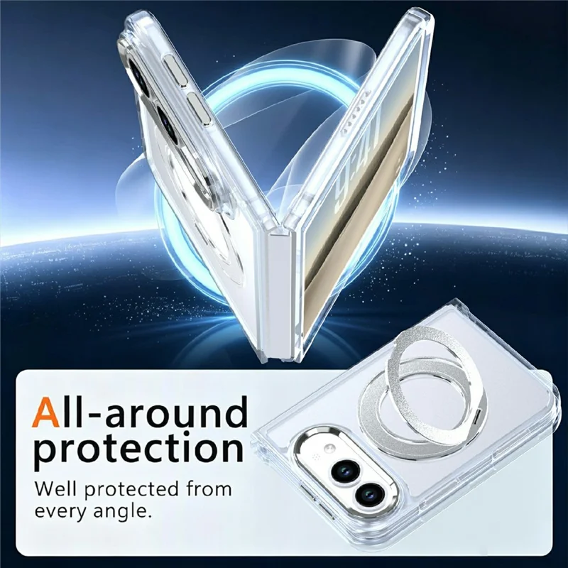For iPhone Duo Magnetic Case 360-Degree Rotating Kickstand Clear PC Foldable Phone Cover - White