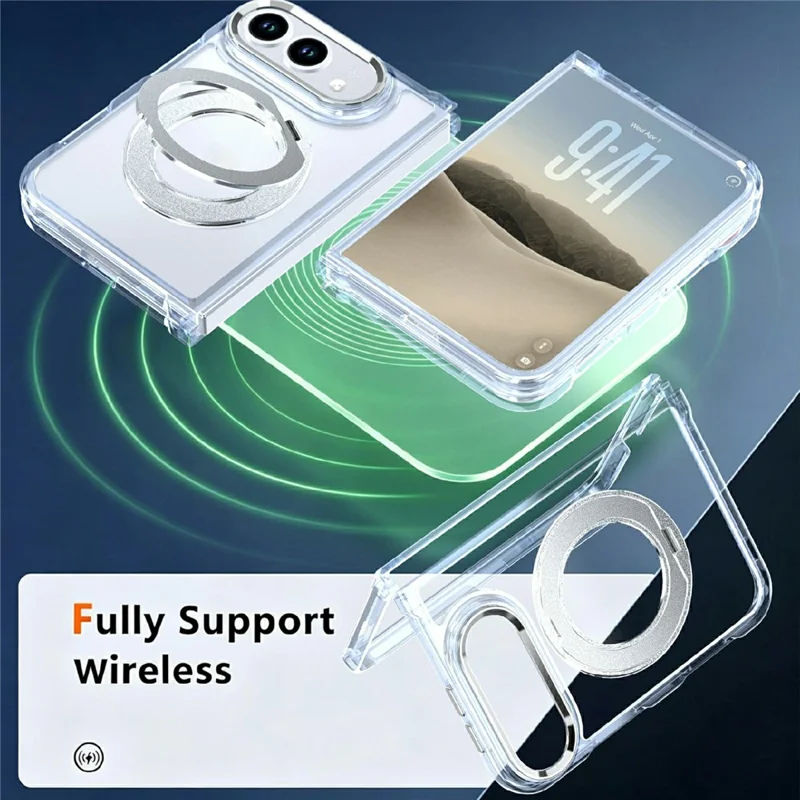 For iPhone Duo Magnetic Case 360-Degree Rotating Kickstand Clear PC Foldable Phone Cover - White