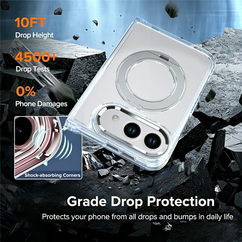For iPhone Duo Magnetic Case 360-Degree Rotating Kickstand Clear PC Foldable Phone Cover - White
