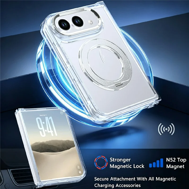 For iPhone Duo Magnetic Case 360-Degree Rotating Kickstand Clear PC Foldable Phone Cover - White