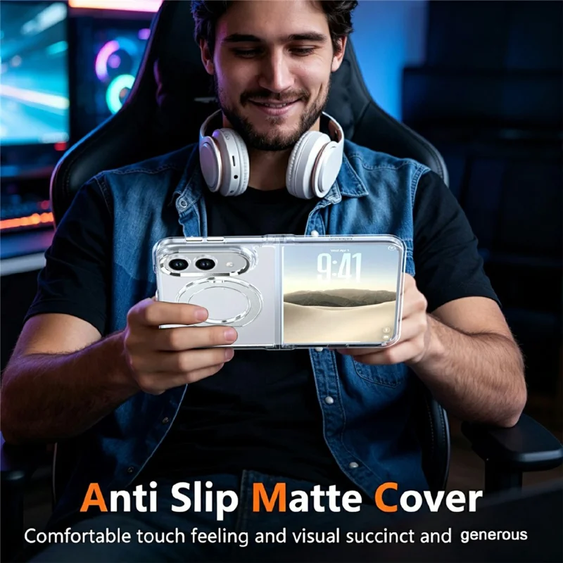 For iPhone Duo Magnetic Case 360-Degree Rotating Kickstand Clear PC Foldable Phone Cover - White