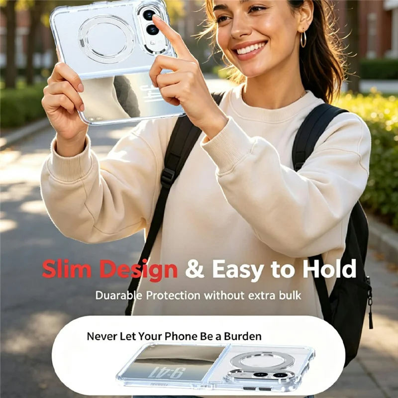 For iPhone Duo Magnetic Case 360-Degree Rotating Kickstand Clear PC Foldable Phone Cover - White