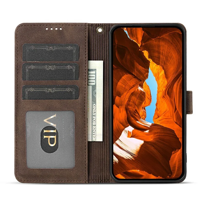 AZNS A2 for Oppo A7 Pro 5G Leather Case with Wrist Strap RFID Blocking Wallet Stand Phone Cover - Brown