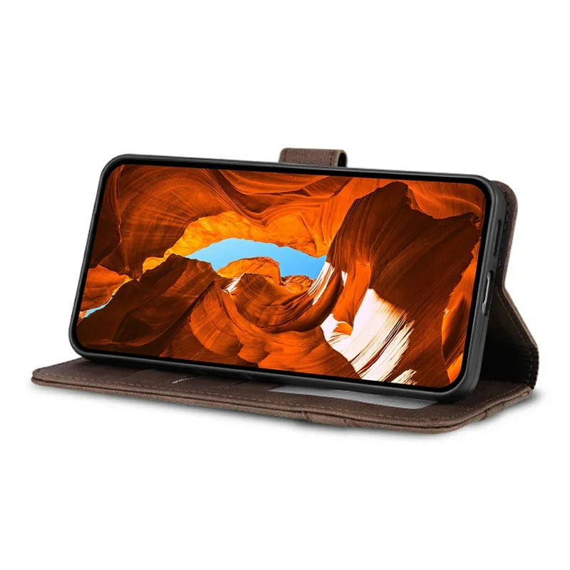 AZNS A2 for Oppo A7 Pro 5G Leather Case with Wrist Strap RFID Blocking Wallet Stand Phone Cover - Brown