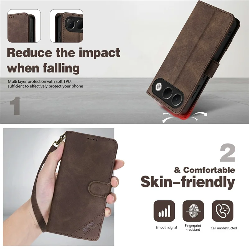 AZNS A2 for Oppo A7 Pro 5G Leather Case with Wrist Strap RFID Blocking Wallet Stand Phone Cover - Brown