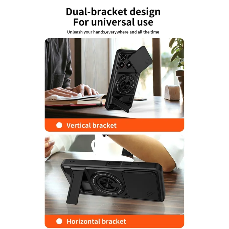 For ZTE Blade A55  /  A35 Magnetic Case Ring Holder Foldable Kickstand TPU PC Phone Cover with Camera Lens Slider - Black