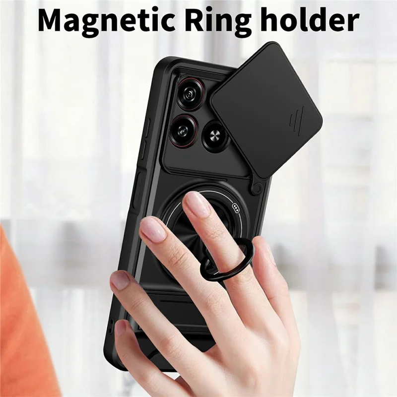 For ZTE Blade A55  /  A35 Magnetic Case Ring Holder Foldable Kickstand TPU PC Phone Cover with Camera Lens Slider - Black