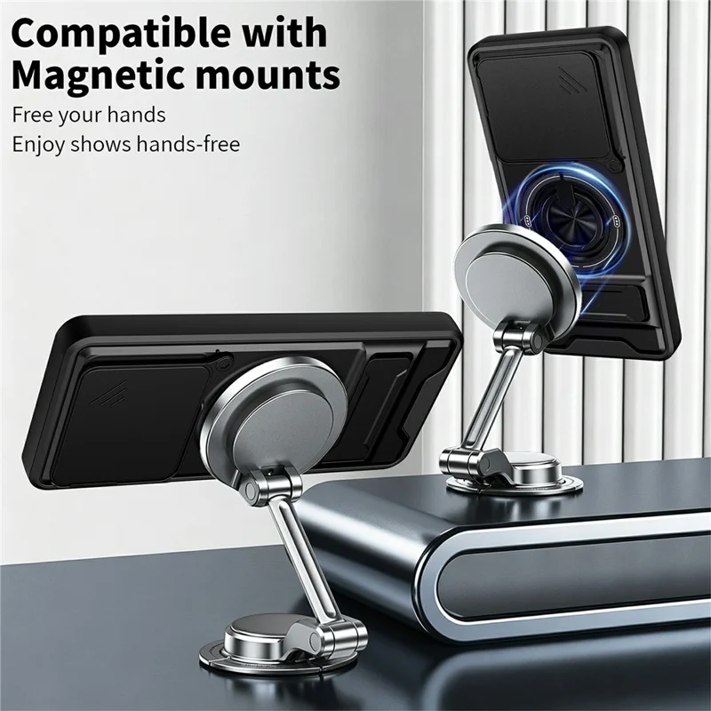 For ZTE Blade A55  /  A35 Magnetic Case Ring Holder Foldable Kickstand TPU PC Phone Cover with Camera Lens Slider - Black