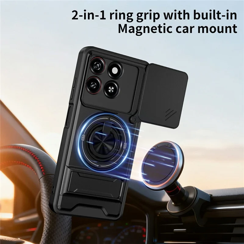 For ZTE Blade A55  /  A35 Magnetic Case Ring Holder Foldable Kickstand TPU PC Phone Cover with Camera Lens Slider - Black