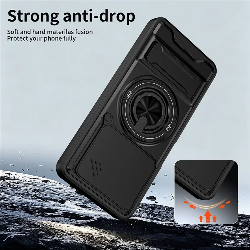 For ZTE Blade A55  /  A35 Magnetic Case Ring Holder Foldable Kickstand TPU PC Phone Cover with Camera Lens Slider - Black