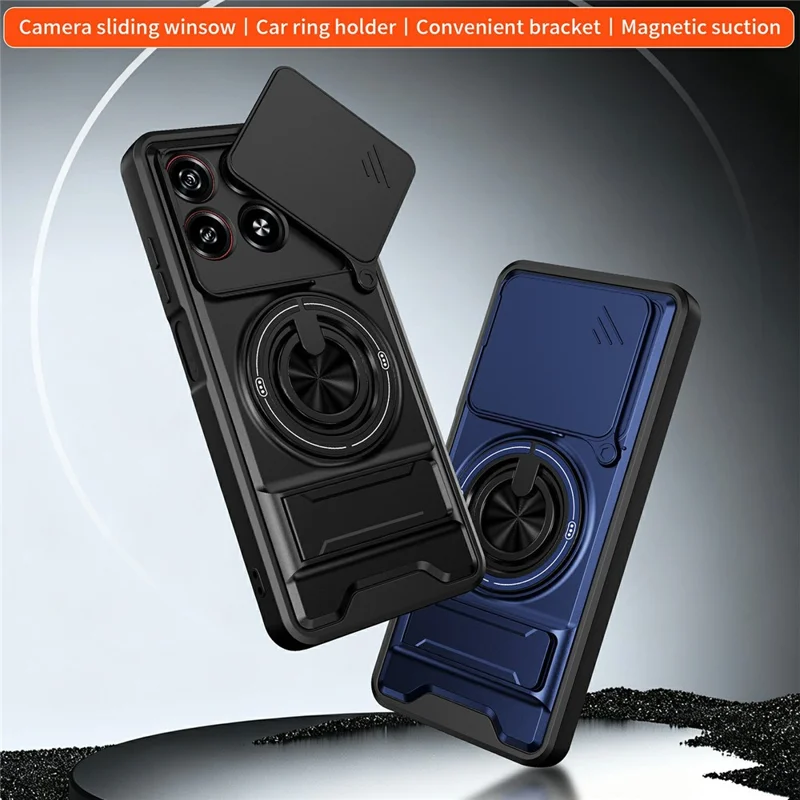 For ZTE Blade A55  /  A35 Magnetic Case Ring Holder Foldable Kickstand TPU PC Phone Cover with Camera Lens Slider - Black