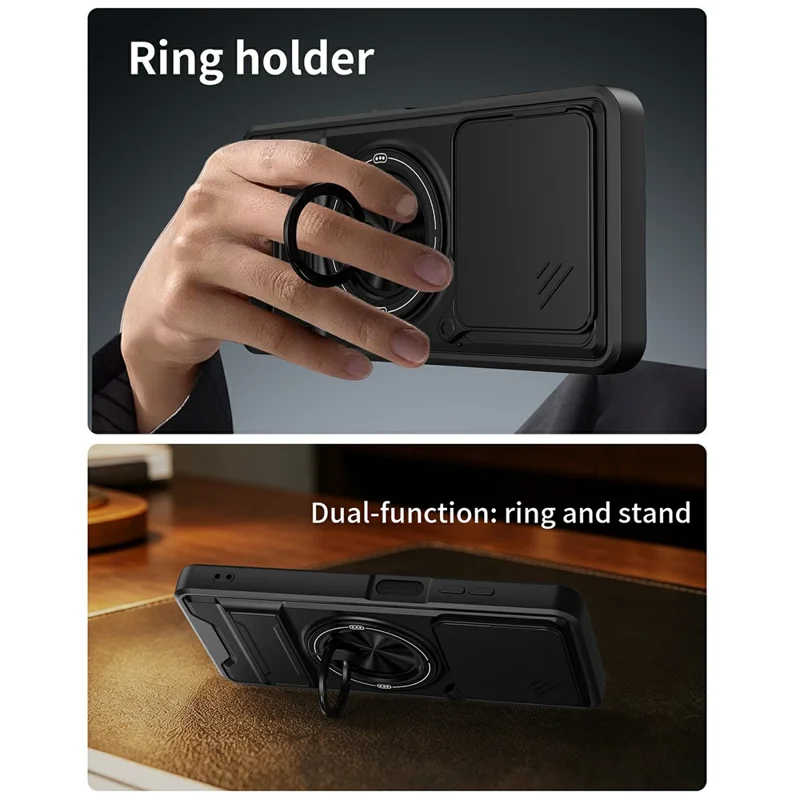 For ZTE Blade A55  /  A35 Magnetic Case Ring Holder Foldable Kickstand TPU PC Phone Cover with Camera Lens Slider - Black