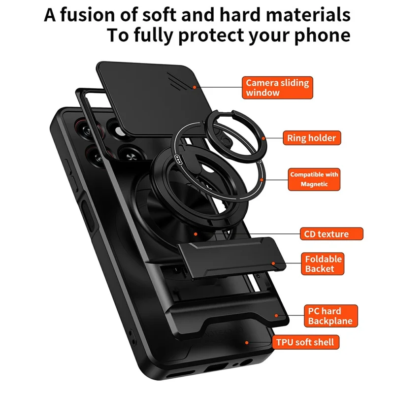 For ZTE Blade A55  /  A35 Magnetic Case Ring Holder Foldable Kickstand TPU PC Phone Cover with Camera Lens Slider - Black
