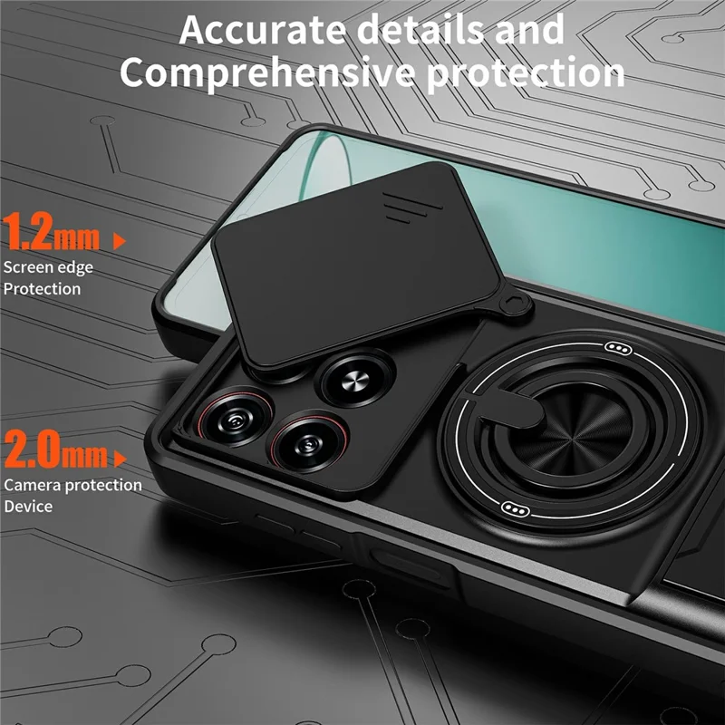 For ZTE Blade A55  /  A35 Magnetic Case Ring Holder Foldable Kickstand TPU PC Phone Cover with Camera Lens Slider - Black