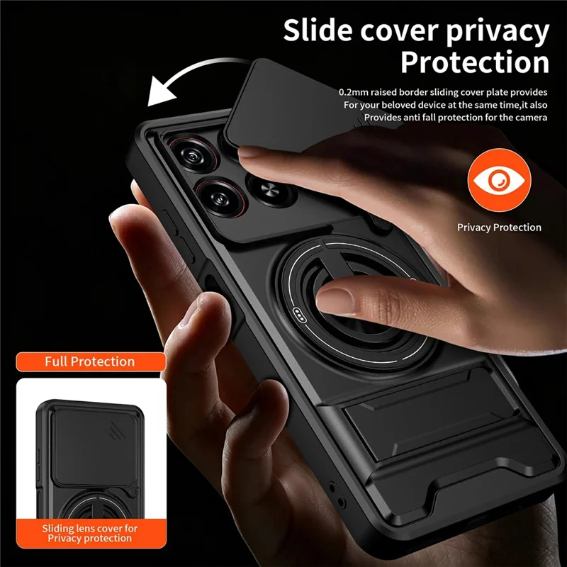 For ZTE Blade A55  /  A35 Magnetic Case Ring Holder Foldable Kickstand TPU PC Phone Cover with Camera Lens Slider - Black