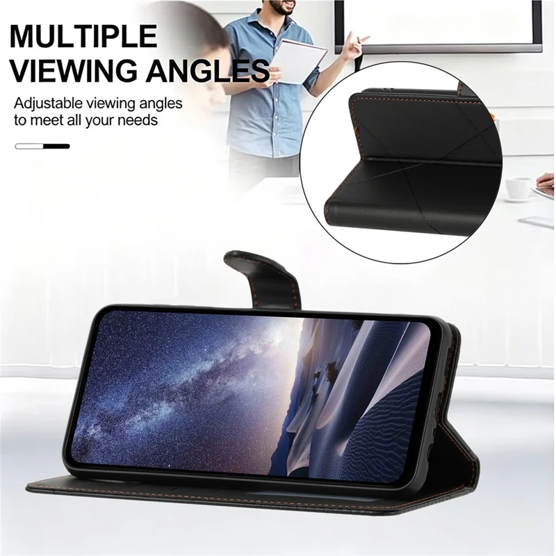 Wallet Case For iPhone 18 Pro Max  /  17 Pro Max Adjustable Stand Magnetic Clasp Imprint Square Leather Flip Phone Cover - Black