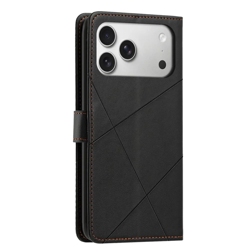 Wallet Case For iPhone 18 Pro Max  /  17 Pro Max Adjustable Stand Magnetic Clasp Imprint Square Leather Flip Phone Cover - Black
