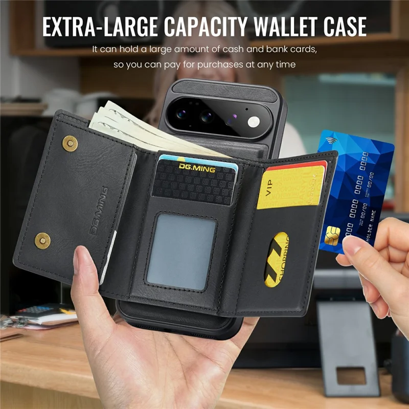 DG.MING M6 Series For Google Pixel 11 Pro XL Case Magnetic RFID Blocking Wallet PU + PC + TPU Phone Cover - Black