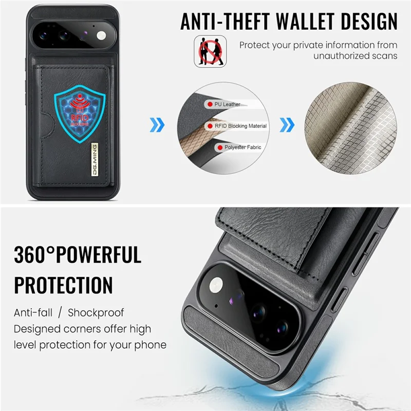 DG.MING M6 Series For Google Pixel 11 Pro XL Case Magnetic RFID Blocking Wallet PU + PC + TPU Phone Cover - Black