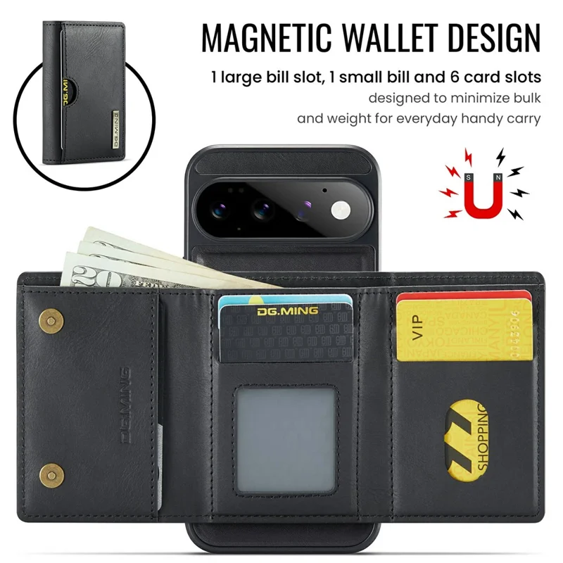 DG.MING M6 Series For Google Pixel 11 Pro XL Case Magnetic RFID Blocking Wallet PU + PC + TPU Phone Cover - Black