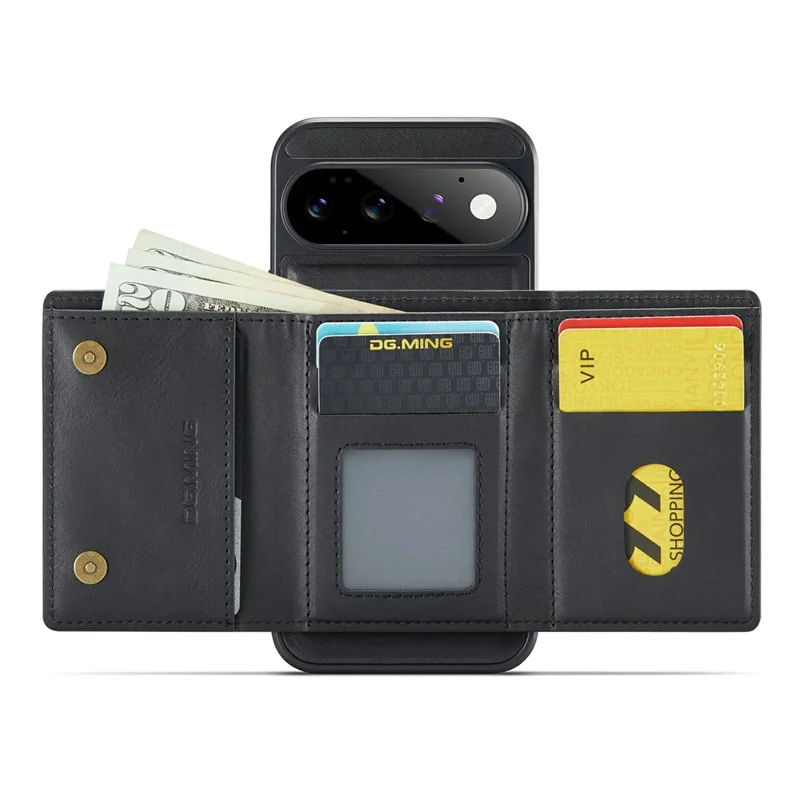 DG.MING M6 Series For Google Pixel 11 Pro XL Case Magnetic RFID Blocking Wallet PU + PC + TPU Phone Cover - Black
