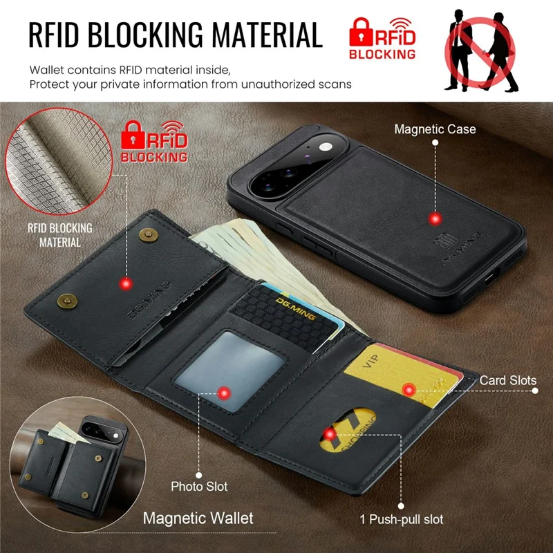 DG.MING M6 Series For Google Pixel 11 Pro XL Case Magnetic RFID Blocking Wallet PU + PC + TPU Phone Cover - Black