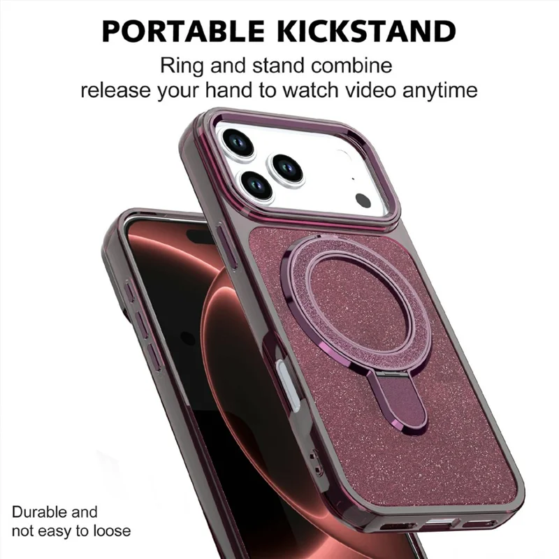 For iPhone 18 Pro  /  17 Pro Case Glitter Design TPU + PC Kickstand Phone Protector - Wine Red