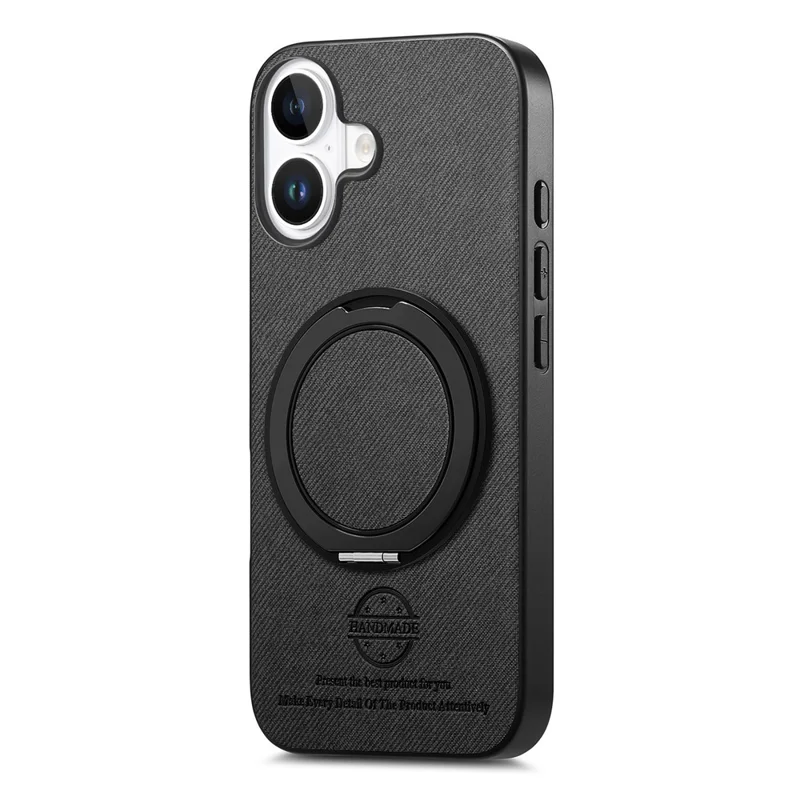 For iPhone 16 Case Rotatable Kickstand Jeans Cloth Texture Leather Anti-Fall Phone Back Cover - Black