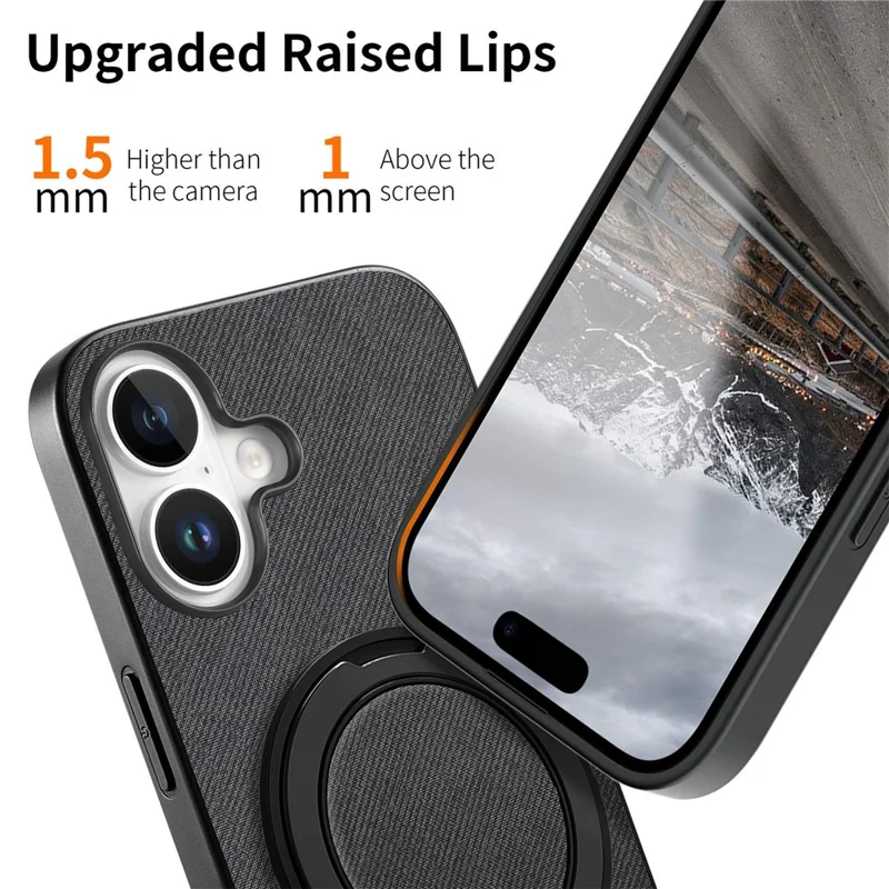 For iPhone 16 Case Rotatable Kickstand Jeans Cloth Texture Leather Anti-Fall Phone Back Cover - Black