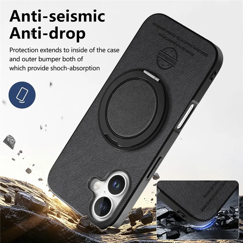 For iPhone 16 Case Rotatable Kickstand Jeans Cloth Texture Leather Anti-Fall Phone Back Cover - Black