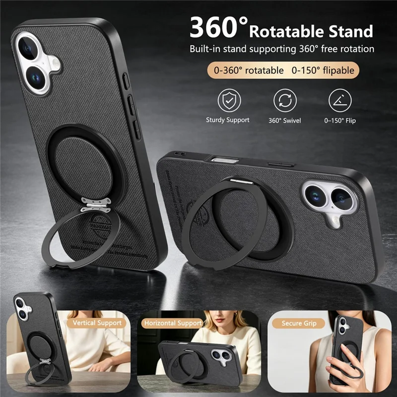 For iPhone 16 Case Rotatable Kickstand Jeans Cloth Texture Leather Anti-Fall Phone Back Cover - Black