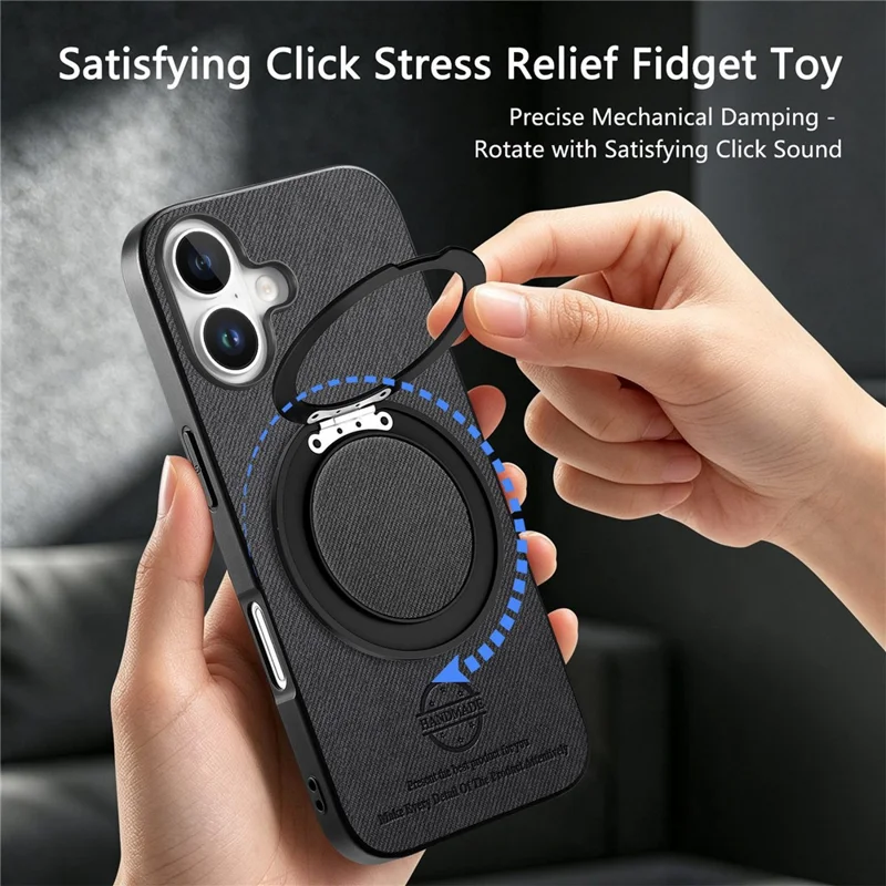 For iPhone 16 Case Rotatable Kickstand Jeans Cloth Texture Leather Anti-Fall Phone Back Cover - Black