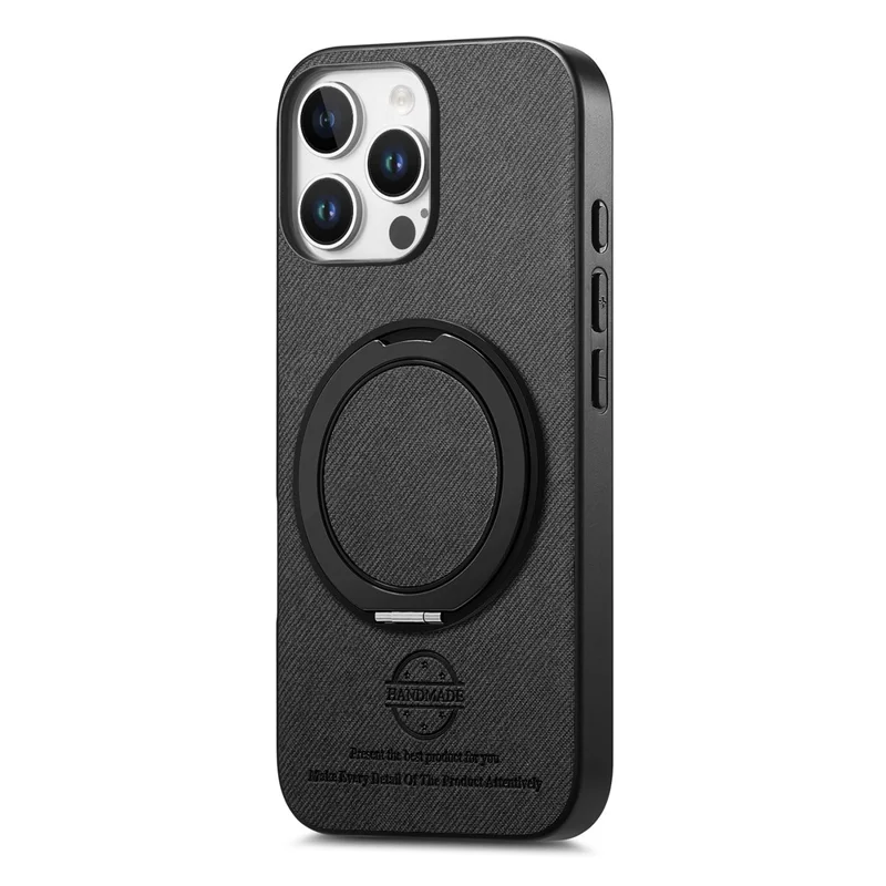 For iPhone 16 Pro Case Rotatable Kickstand Jeans Cloth Texture Leather Anti-Fall Phone Back Cover - Black