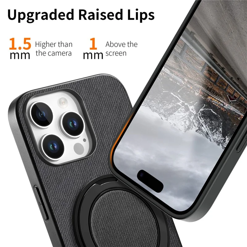 For iPhone 16 Pro Case Rotatable Kickstand Jeans Cloth Texture Leather Anti-Fall Phone Back Cover - Black