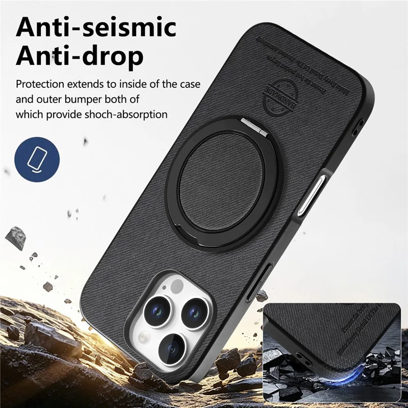 For iPhone 16 Pro Case Rotatable Kickstand Jeans Cloth Texture Leather Anti-Fall Phone Back Cover - Black
