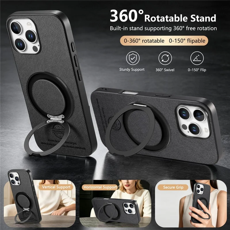 For iPhone 16 Pro Case Rotatable Kickstand Jeans Cloth Texture Leather Anti-Fall Phone Back Cover - Black
