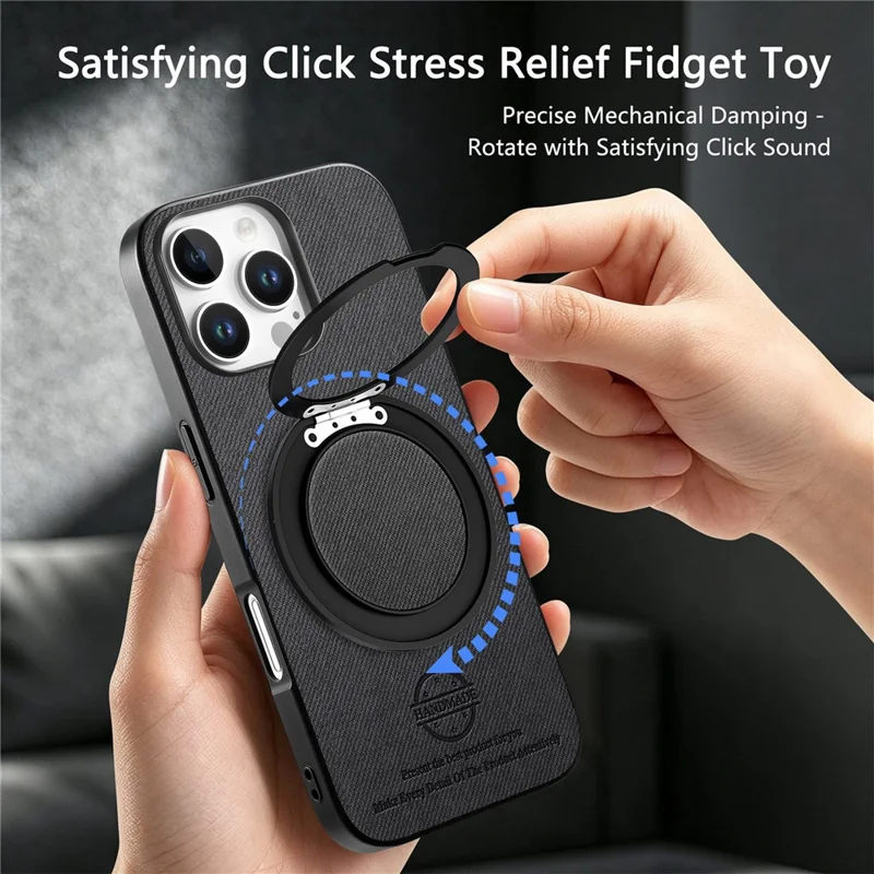 For iPhone 16 Pro Max Case Rotatable Kickstand Jeans Cloth Texture Leather Anti-Fall Phone Back Cover - Black
