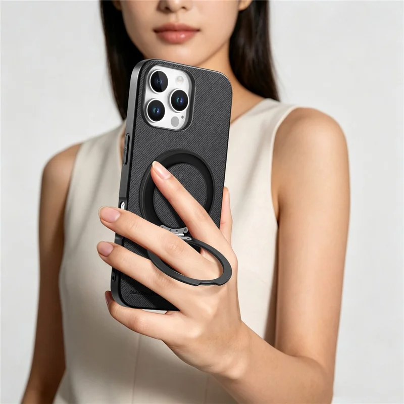 For iPhone 16 Pro Max Case Rotatable Kickstand Jeans Cloth Texture Leather Anti-Fall Phone Back Cover - Black
