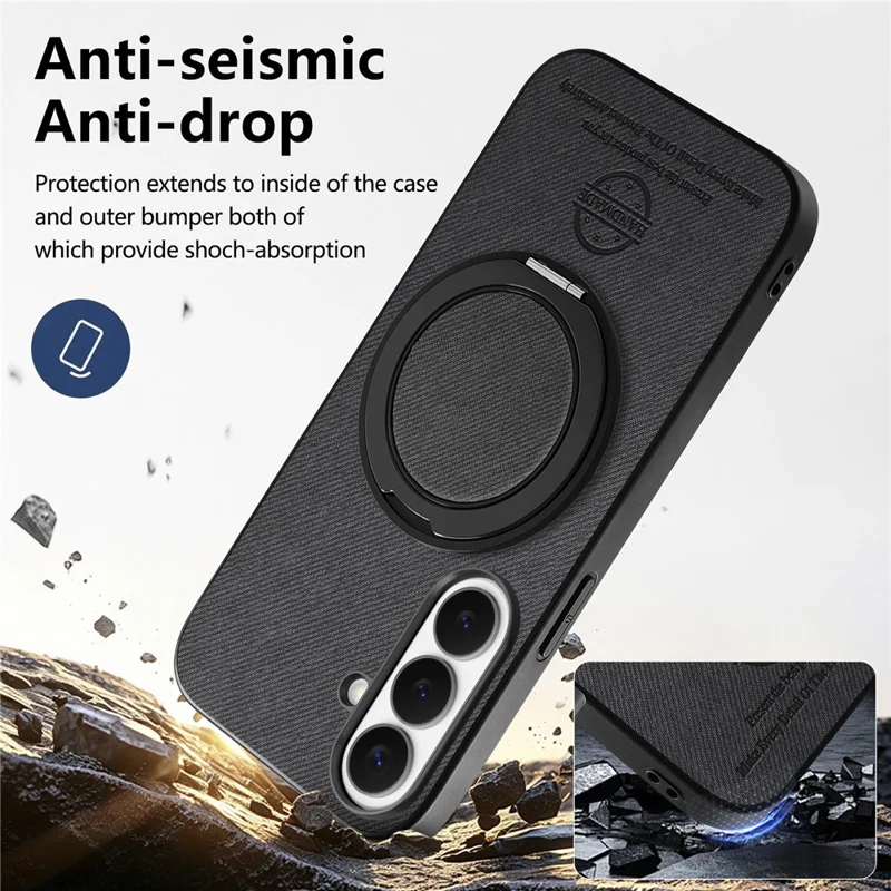 For Samsung Galaxy A55 5G Case Rotatable Kickstand Jeans Cloth Texture Leather Anti-Fall Phone Back Cover - Black