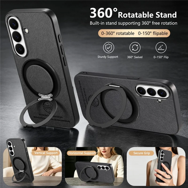 For Samsung Galaxy A55 5G Case Rotatable Kickstand Jeans Cloth Texture Leather Anti-Fall Phone Back Cover - Black