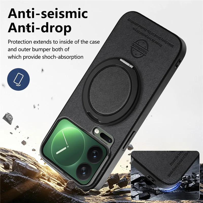 For Xiaomi 17 Pro Case Rotatable Kickstand Jeans Cloth Texture Leather Anti-Fall Phone Back Cover - Black