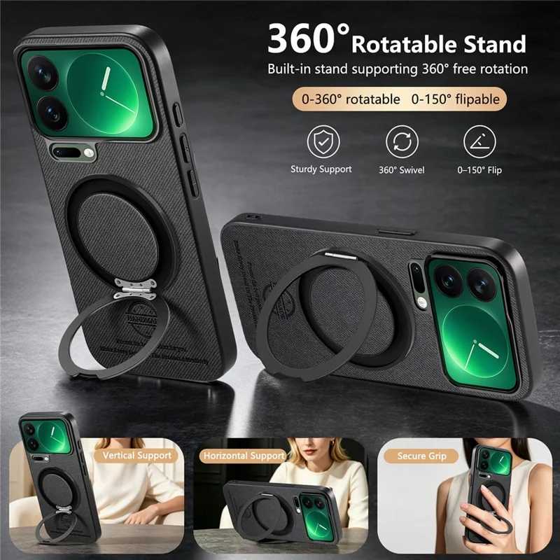 For Xiaomi 17 Pro Case Rotatable Kickstand Jeans Cloth Texture Leather Anti-Fall Phone Back Cover - Black