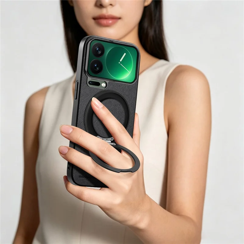 For Xiaomi 17 Pro Case Rotatable Kickstand Jeans Cloth Texture Leather Anti-Fall Phone Back Cover - Black