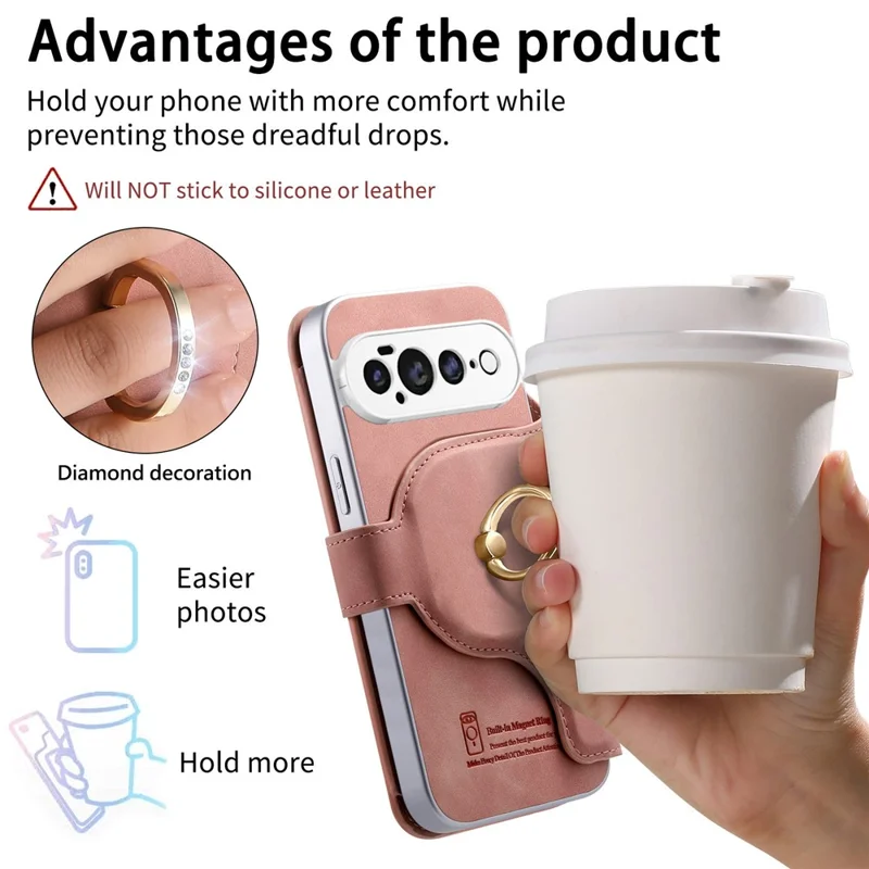 For Google Pixel 11 Pro Case RFID Blocking Detachable Magnetic Leather Phone Cover with Ring Holder - Pink