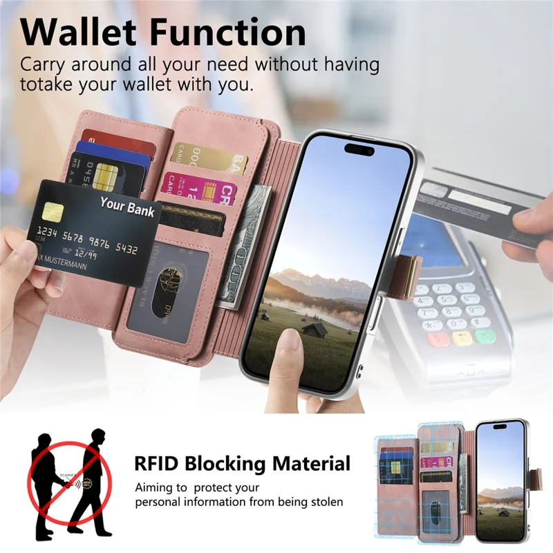 For Google Pixel 11 Pro Case RFID Blocking Detachable Magnetic Leather Phone Cover with Ring Holder - Pink