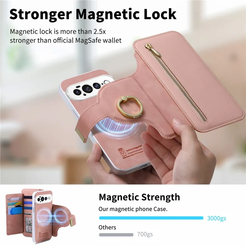 For Google Pixel 11 Pro Case RFID Blocking Detachable Magnetic Leather Phone Cover with Ring Holder - Pink