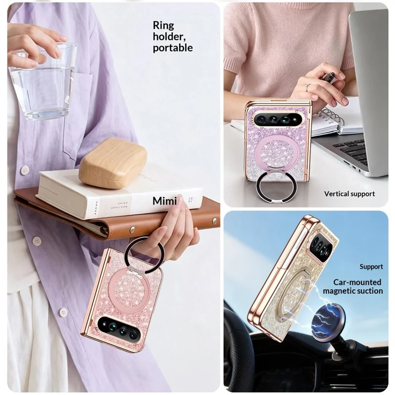 For Xiaomi 18 Fold Magnetic Case Rotating Kickstand Glitter PU Leather + PC Phone Cover with Screen Protector - Pink
